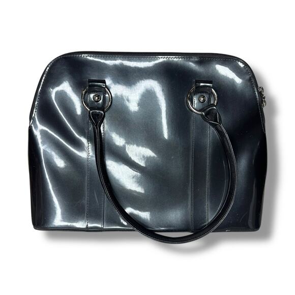 Beijo Double Handle Shoulder Bag Zipper Closure Pewter Gray Shiny Pockets Silver - Picture 3 of 9